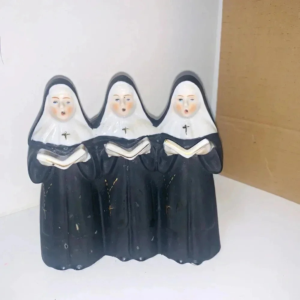Vintage Japan Bisque Music Box Figurine The Singing Nun Trio